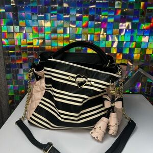 Betsey Johnson Black/White Striped, Ballet Pink Shoulder Bag with Bow Ta…